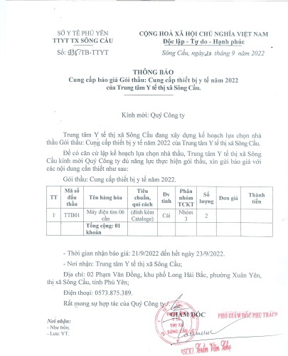 Thư mời báo giá thiết bị Y tế năm 2022